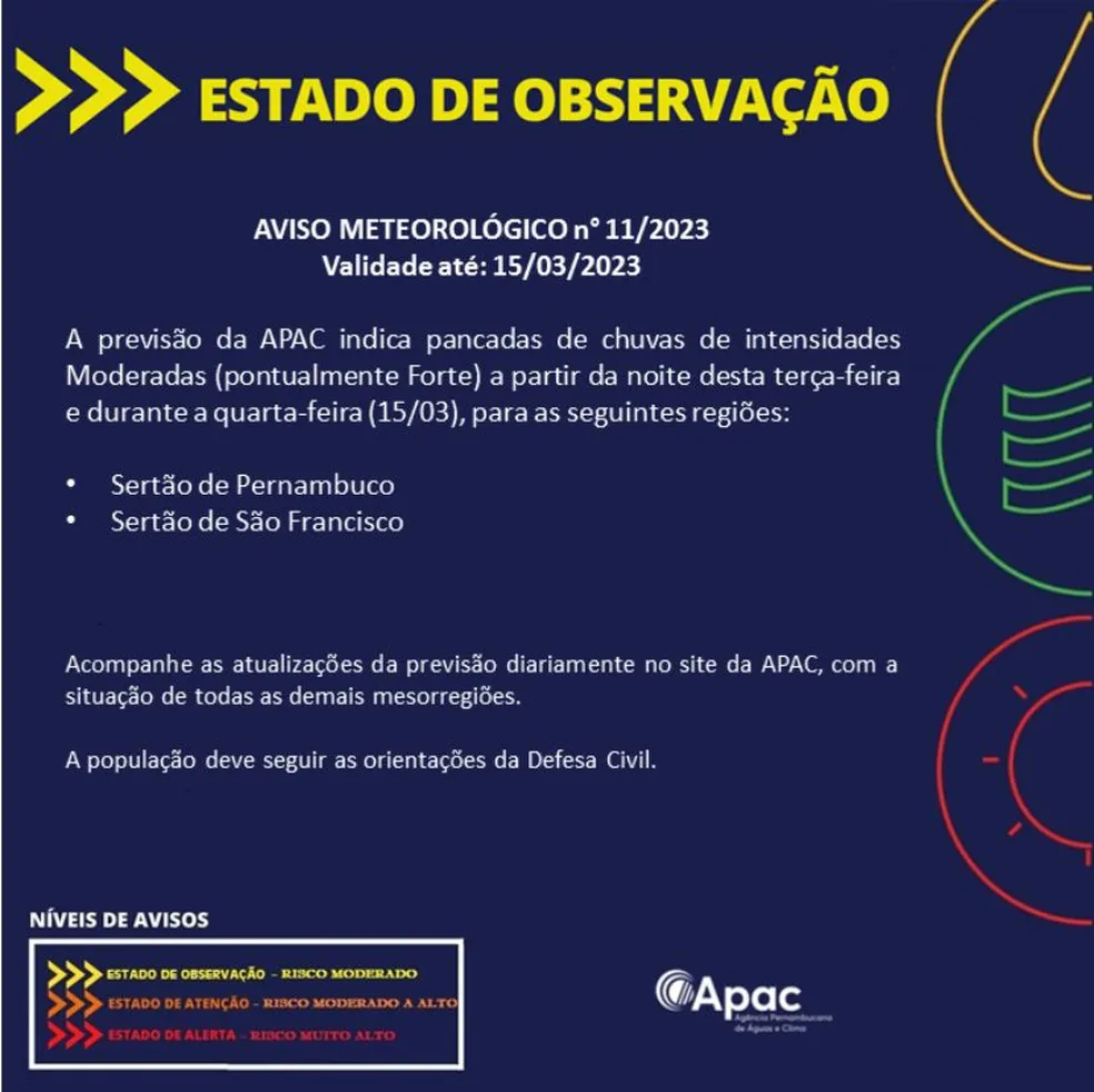 APAC emite alerta de chuvas para o Sertão de Pernambuco. �- Foto: Divulgação / APAC
