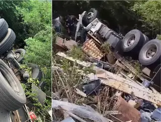 Caminhão carregado com baterias tomba na Serra do Teixeira e motorista morre preso às ferragens
