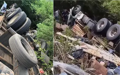 Caminhão carregado com baterias tomba na Serra do Teixeira e motorista morre preso às ferragens